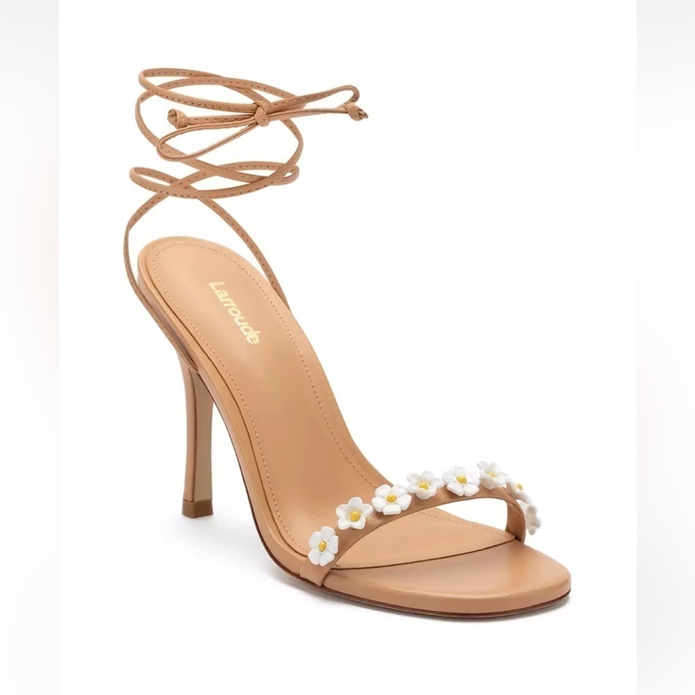 NWOB, Larroudé Goldie 95MM Flower Appliqué Tan Leather Lace-Up Heeled Sandals 7